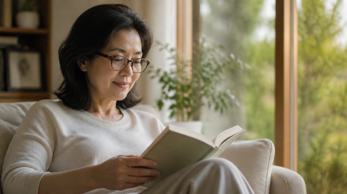 안경을 쓰고 창가에서 편안한 표정으로 책을 읽는 중년 여성