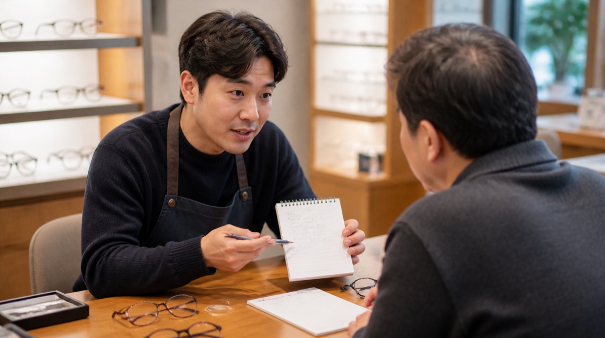 안경사가 상담 테이블에서 메모지를 짚어가며 고객에게 검사 결과를 설명하는 모습