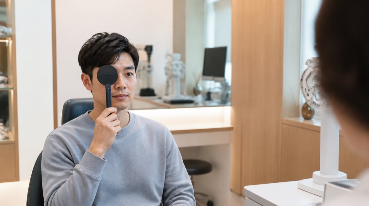안경원 검사실에서 검은 가리개로 한쪽 눈을 가리고 시력표를 바라보는 남성 고객