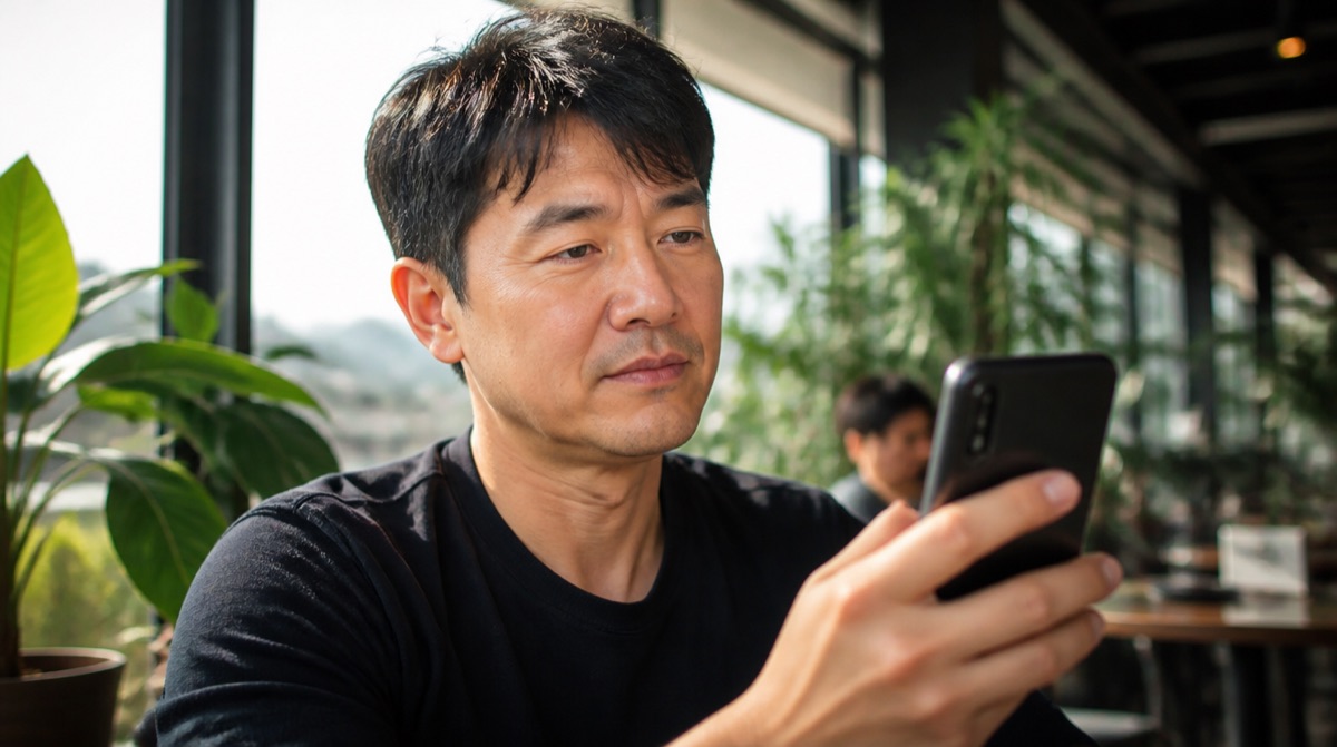 휴대폰을 팔 길이만큼 멀리 들고 눈을 가늘게 뜨며 화면을 보는 40대 남성